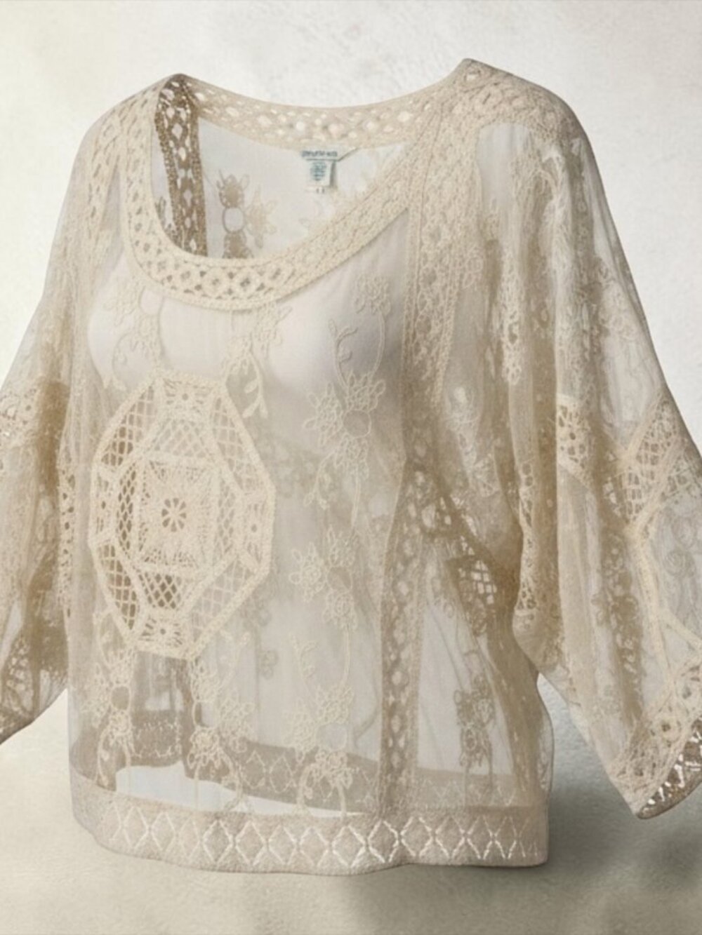 Sundance Cream Sheer Mesh Lace Boho Blouse Crochet Scoop Neck Large L
